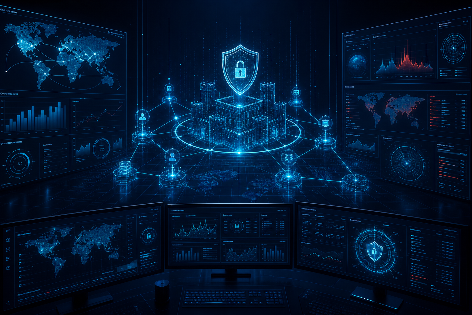 ShieldWatch security operations monitoring dashboard with network topology visualization